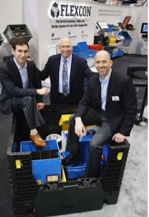 <p>Justin Beckerman, client design and solutions specialist; Ken Beckerman, president; and Stephen Beckerman, chairman, with Flexcon’s corrugated plastic containers, along with its pallets and bulk boxes.</p>