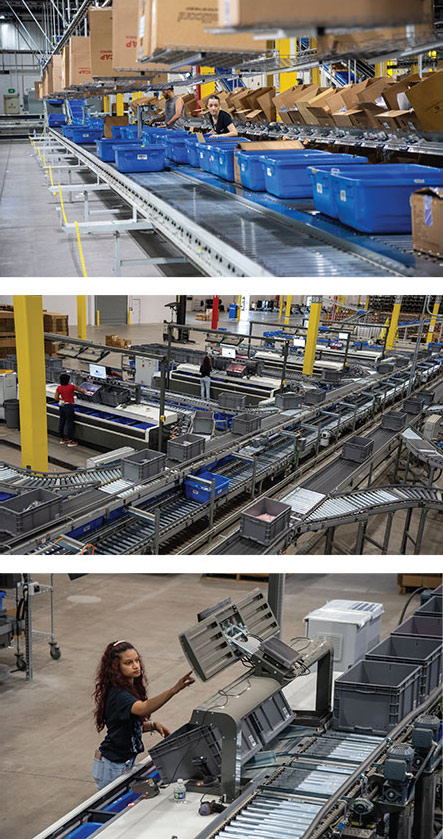 The conveyor and sortation system pictured here is the lifeblood of the facility. Part of the DC is devoted to store replenishment and part is devoted to e-commerce fulfillment.