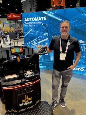 <p>Bill Pedriana, Big Joe’s CMO, with the user-directed, autonomous Pallet Mover.</p>