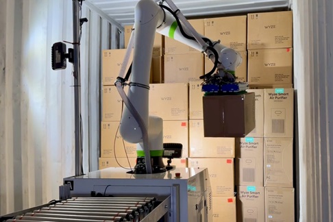 Anyware Robotics said its Pixmo truck- and container-unloading robot arm uses AI software, allowing deployment without software integrations or infrastructure changes.