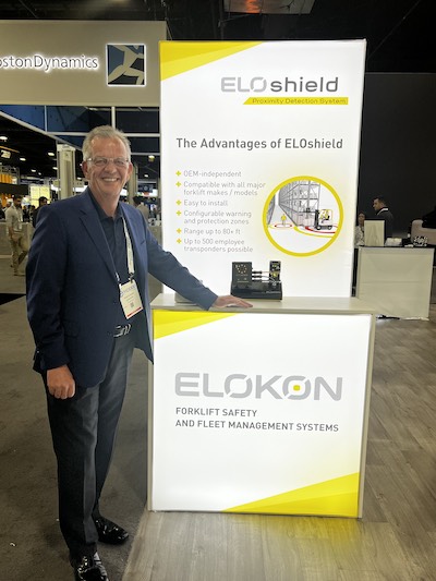 Mark Stanton, president and GM, demonstrates the ELOshield forklift safety and fleet management system. 
