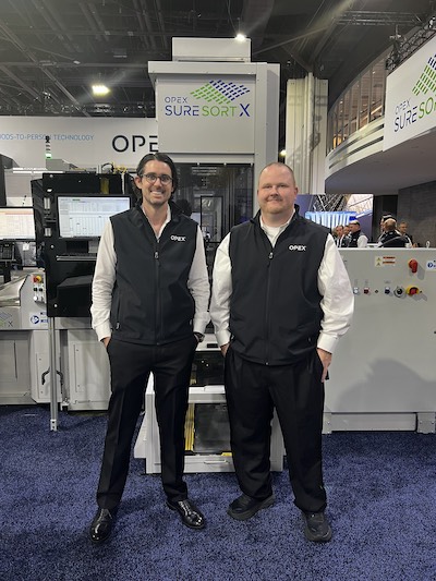 Alex Stevens, President, Warehouse Automation with Monty McVaugh, Manager of Product Automation and the OPEX Sure Sort X. 