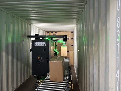 A Pickle Robot unloading floor-loaded packaged freight from a container at Yusen.