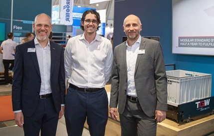 From left are, Henry Puhl (CEO TGW Logistics), Alex Stevens (President Warehouse Automation, OPEX) and Christoph Wolkerstorfer (CTO, TGW Logistics)
