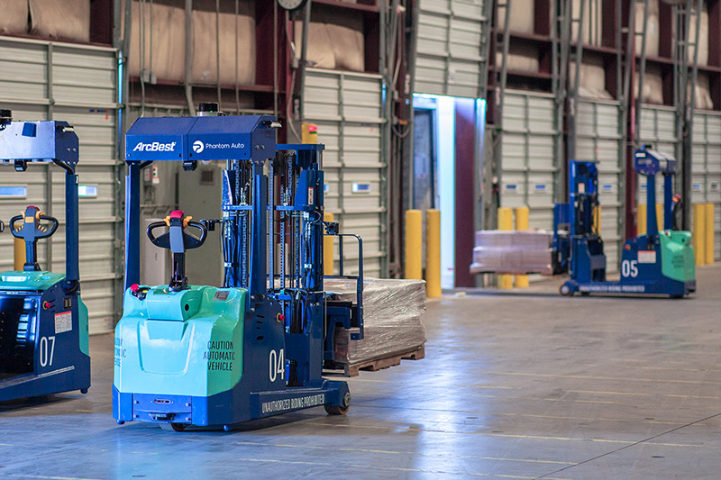 Remote-enabled autonomous forklifts developed with Phantom Auto for use in ArcBest customer locations, pictured in the ArcBest R&D lab in Fort Smith, Arkansas.