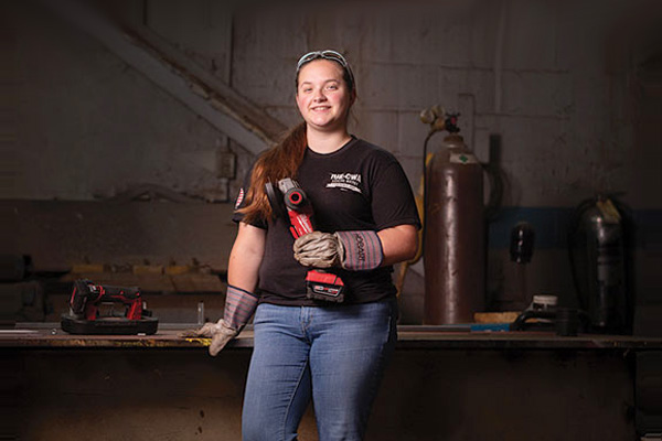 Alivia Slucher, an apprentice in the KY FAME program and maintenance technician for GE Appliances (GEA) in Louisville, Ky., is tasked with everything from hanging signage to working in the facilities’ high-voltage substation to welding as part of GEA’s Production Engineering & Support Operation responsible for the overall maintenance of the Appliance Park campus that includes everything outside the production buildings.