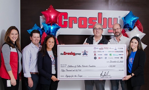 Left to right: Melissa Ruths, VP, Marketing & Product, The Crosby Group; Brock Hancock, CFO, The Crosby Group; Cynthia Kim, Co-Founder & Co-Chief of Staff, Fallen Patriots; Robert Desel, CEO, The Crosby Group; Mike Kuzdzal, COO, The Crosby Group; Stephanie Gannon, Scholarship Administrator & past scholarship recipient, Fallen Patriots.