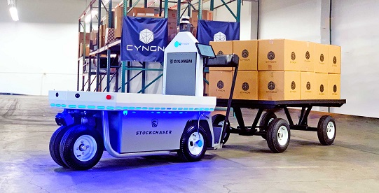 Cyngn’s DriveMod-enabled Columbia Stockchaser cargo vehicle outfitted with an Ouster REV7 sensor.