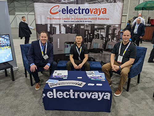 Andrew Kerrins, director of sales, Dr. Jeremy Dang, director, business and project development, and Jason Roy, director, investor relations and communications, are photographed with Electrovaya’s lithium-ion battery systems.