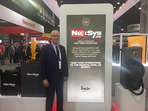 Harold Vanasse, senior director of marketing, motive power global, EnerSys, exhibits the company’s NexSys battery lineup.