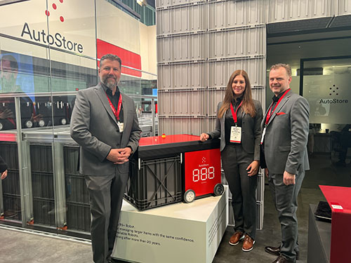 AutoStore’s booth features the fifth-generation AutoStore Red Line Robot.