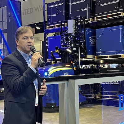 Michael Marcum, GM of autonomous vehicles, introducing the capabilities of Bastian’s new CB18 autonomous forklift, at Monday’s press event and live demo.