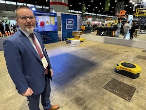 Nicola Tomatis, CEO of BlueBotics, with the company’s ProMat demo of how its software allows multiple robots from different vendors to interoperate.
