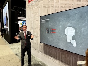 Michael Field, Raymond’s president and CEO, gave an overview of product innovations that improve productivity, safety, and storage density, at a Tuesday booth press event.