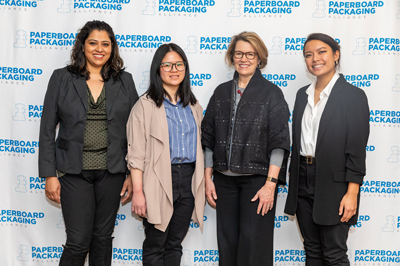 First place when to a team from the Fashion Institute of Technology, who were recently honored at a Paperboard Packaging Council event in Denver. Pictured left to right are Ankita Ghosh (FIT), Claudia Natasha (FIT), Heidi Brock (President and CEO of AF&PA), and Jessica Vergel (FIT).
