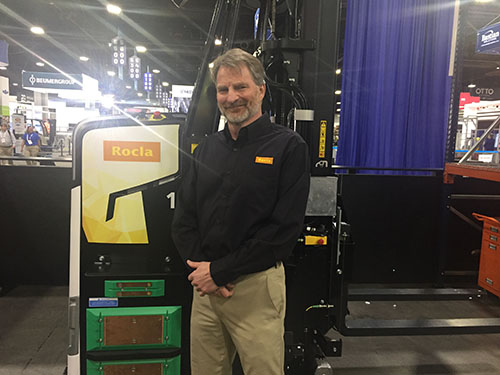 Brian Markison, senior director, AGV sales at Rocla, showcases the company’s Reach Truck AGV.
