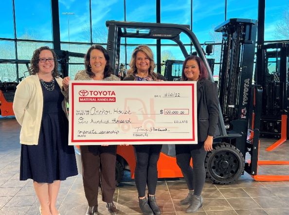 Picture, left to right, are Danielle Nickerson, Toyota Material Handling Human Resource Specialist; Tracy Stachniak, Toyota Material Handling Vice President of Human Resources; Megan Cherry, Anchor House Executive Director; and Emily McDonald, Anchor House Program Director.