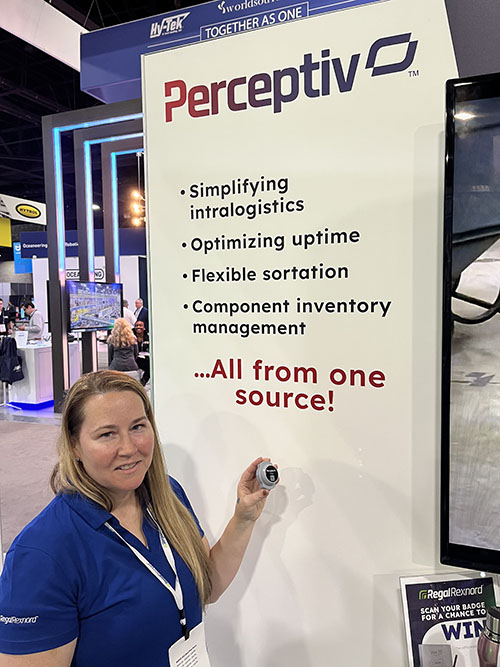 Cat Callahan, campaign manager for Regal Rexnord (booth B9002) with the company’s new Perceptiv 2100 sensor vibration and temperature monitoring sensor. The wireless sensor can be easily attached to motors and other critical equipment to monitor asset health. Up to 20 sensor nodes can connect through one gateway.